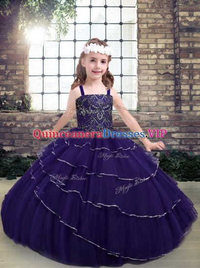Purple Ball Gowns Tulle Straps Sleeveless Beading Floor Length Lace Up Pageant Dress for Teens - Click Image to Close
