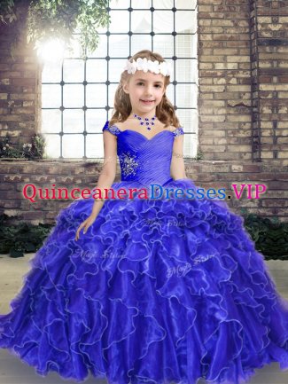 Best Beading and Ruffles Pageant Dress for Teens Blue Lace Up Sleeveless Floor Length