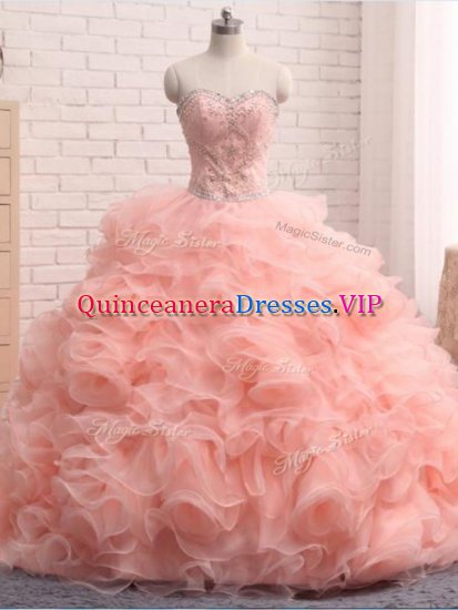 Clearance Pink Ball Gowns Beading and Ruffles Quince Ball Gowns Zipper Organza Sleeveless Floor Length - Click Image to Close