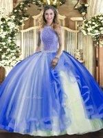 Sleeveless Floor Length Beading and Ruffles Lace Up 15 Quinceanera Dress with Blue