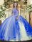Sleeveless Floor Length Beading and Ruffles Lace Up 15 Quinceanera Dress with Blue
