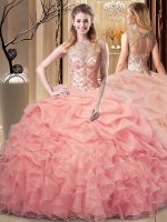 Peach Scoop Neckline Beading and Ruffles and Pick Ups Quince Ball Gowns Sleeveless Lace Up
