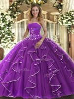 Wonderful Purple Strapless Lace Up Beading and Ruffles Quinceanera Gown Sleeveless