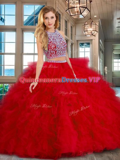 Designer Scoop Backless Red Sleeveless Beading and Ruffles Floor Length Sweet 16 Dress - Click Image to Close