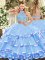 Floor Length Aqua Blue 15 Quinceanera Dress Halter Top Sleeveless Criss Cross