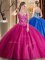 Dramatic Hot Pink Ball Gowns Spaghetti Straps Sleeveless Tulle Floor Length Lace Up Beading and Appliques Military Ball Dresses