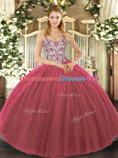 Charming Fuchsia Quinceanera Dress Sweet 16 and Quinceanera with Beading and Appliques Straps Sleeveless Lace Up - Click Image to Close