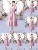 Pink Empire Belt Quinceanera Court Dresses Lace Up Tulle Sleeveless Tea Length
