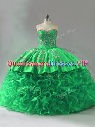 Green Fabric With Rolling Flowers Lace Up Sweetheart Sleeveless Sweet 16 Quinceanera Dress Embroidery and Ruffles