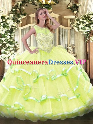 Inexpensive Yellow Green Organza Lace Up Scoop Sleeveless Floor Length Vestidos de Quinceanera Beading and Ruffled Layers
