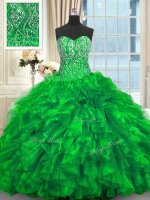 High Quality Green Lace Up Quince Ball Gowns Beading and Ruffles Sleeveless Brush Train