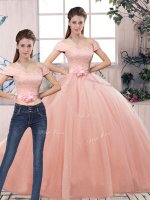 Charming Pink Two Pieces Lace and Hand Made Flower 15th Birthday Dress Lace Up Tulle Short Sleeves Floor Length