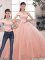 Charming Pink Two Pieces Lace and Hand Made Flower 15th Birthday Dress Lace Up Tulle Short Sleeves Floor Length