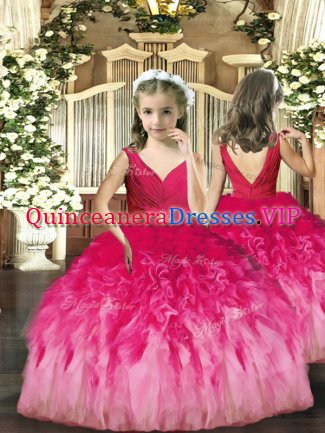 V-neck Sleeveless Pageant Dress for Girls Floor Length Beading and Ruffles Hot Pink Tulle