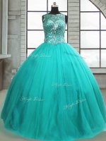 Sleeveless Floor Length Beading Lace Up Quinceanera Gowns with Turquoise