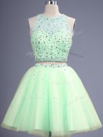 Edgy Sleeveless Tulle Knee Length Lace Up Court Dresses for Sweet 16 in Yellow Green with Beading