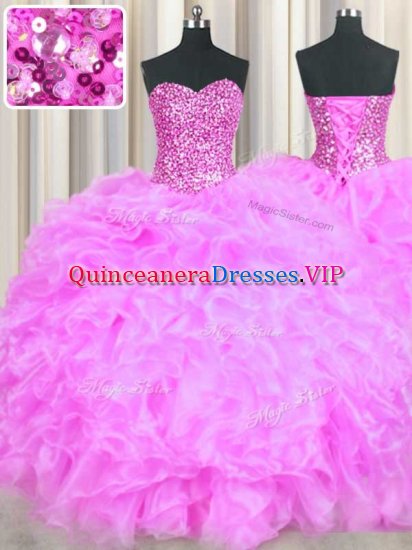 Lilac Ball Gowns Sweetheart Sleeveless Organza Floor Length Lace Up Beading and Ruffles Quince Ball Gowns - Click Image to Close