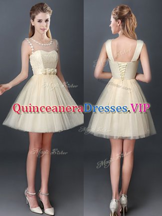 Noble Champagne A-line Tulle Scoop Sleeveless Lace and Hand Made Flower Mini Length Lace Up Damas Dress