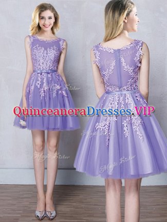 Eye-catching Scoop Sleeveless Tulle Mini Length Zipper Quinceanera Court of Honor Dress in Lavender with Appliques and Belt