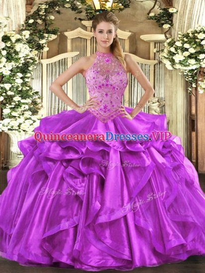 Eye-catching Sleeveless Organza Floor Length Lace Up Quinceanera Dress in Purple with Beading and Embroidery and Ruffles - Click Image to Close