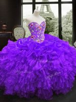 Charming Sleeveless Floor Length Embroidery and Ruffles Lace Up Ball Gown Prom Dress with Purple