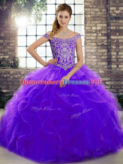 Purple Lace Up 15th Birthday Dress Beading and Ruffles Sleeveless Brush Train - Click Image to Close