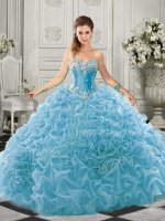 Aqua Blue Organza Lace Up Sweetheart Sleeveless Sweet 16 Dress Court Train Beading and Ruffles(SKU SJQDDT521002-8BIZ)
