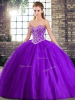 Unique Purple Ball Gowns Tulle Sweetheart Sleeveless Beading Lace Up Quinceanera Dress Brush Train