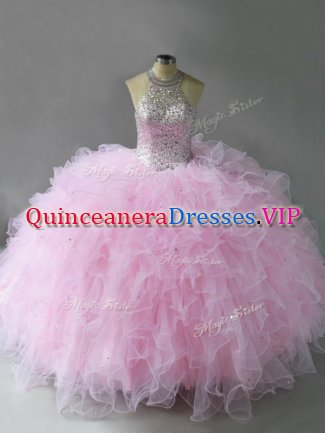 Pink Tulle Lace Up Halter Top Sleeveless Floor Length 15th Birthday Dress Beading and Ruffles