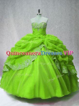 High Quality Organza Long Sleeves Floor Length Quinceanera Gowns and Beading and Appliques and Pick Ups