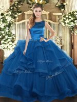 Blue Ball Gowns Tulle Scoop Sleeveless Ruffles Floor Length Lace Up Quinceanera Gown(SKU SJQDDT1586002-1BIZ)