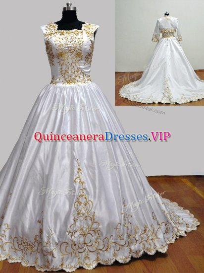 Nice White Quince Ball Gowns Military Ball and Sweet 16 and Quinceanera with Embroidery Square Sleeveless Brush Train Zipper - Click Image to Close