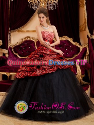 Zebra and Tulle Hand Made Flowers And Beading Decorate Exquisite Red and Black Quinceanera Dress In Elberta Alabama/AL Strapless Ball Gown