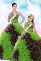 Glittering Sequins Green Sleeveless Fabric With Rolling Flowers Lace Up Quinceanera Dress for Military Ball and Sweet 16 and Quinceanera