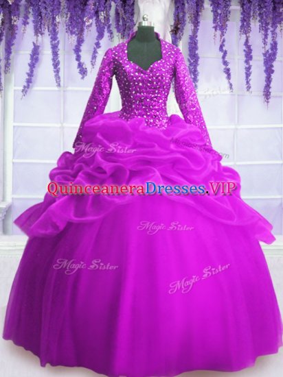 Customized V-neck Long Sleeves 15 Quinceanera Dress Floor Length Sequins and Pick Ups Fuchsia Organza - Click Image to Close