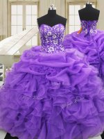Embroidery and Ruffles 15th Birthday Dress Purple Lace Up Sleeveless Floor Length