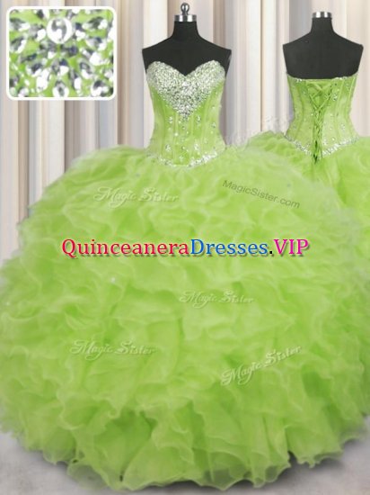 Yellow Green Ball Gowns Beading and Ruffles Sweet 16 Dress Lace Up Organza Sleeveless Floor Length - Click Image to Close