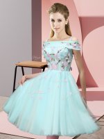 Tulle Off The Shoulder Short Sleeves Lace Up Appliques Dama Dress in Apple Green