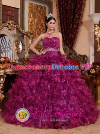 Brand New Strapless Dark Purple Quinceanera Dress For Bridgewater Massachusetts/MA Beaded Decorate Wasit Sweetheart Ruffled Organza Ball Gown