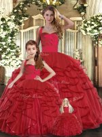 Attractive Floor Length Red Quinceanera Gown Straps Sleeveless Lace Up