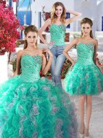 High Class Three Piece Sleeveless Organza Lace Up Sweet 16 Dresses in White and Turquoise with Beading(SKU YYPJ010CX003BIZ)
