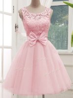 Delicate Baby Pink A-line Lace and Bowknot Dama Dress for Quinceanera Lace Up Tulle Sleeveless Knee Length