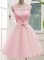 Delicate Baby Pink A-line Lace and Bowknot Dama Dress for Quinceanera Lace Up Tulle Sleeveless Knee Length