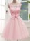 Delicate Baby Pink A-line Lace and Bowknot Dama Dress for Quinceanera Lace Up Tulle Sleeveless Knee Length
