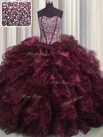 Visible Boning Bling-bling Burgundy Ball Gowns Organza Sweetheart Sleeveless Beading and Ruffles With Train Lace Up Quinceanera Dresses Brush Train