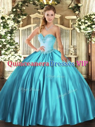 Dynamic Sweetheart Sleeveless Lace Up Sweet 16 Dress Teal Satin