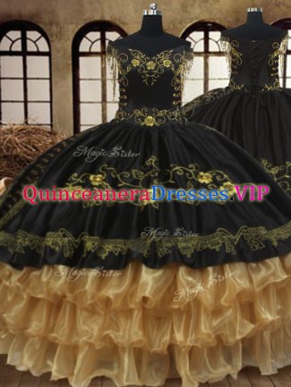 Flare Off the Shoulder Black Sleeveless Beading and Embroidery and Ruffled Layers Floor Length Quince Ball Gowns