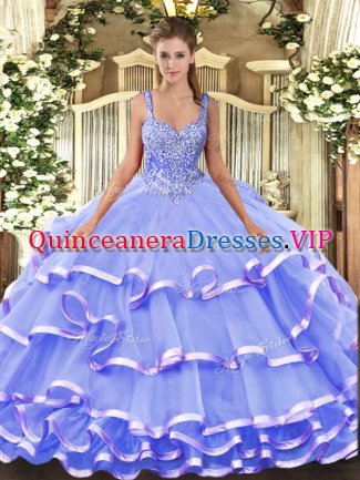 Straps Sleeveless Quinceanera Dress Floor Length Beading and Ruffled Layers Lavender Organza