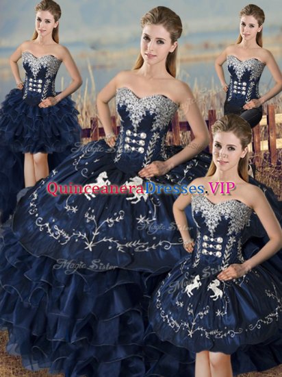 Classical Sweetheart Sleeveless Lace Up Quince Ball Gowns Navy Blue Satin and Organza - Click Image to Close