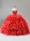 Romantic Floor Length Red Quince Ball Gowns Organza Sleeveless Beading and Ruffles and Sequins